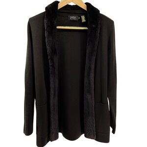 Dana Buchman Womens Black Merino Wool Blend Cardigan Beaver Fur‎ Trim Size M